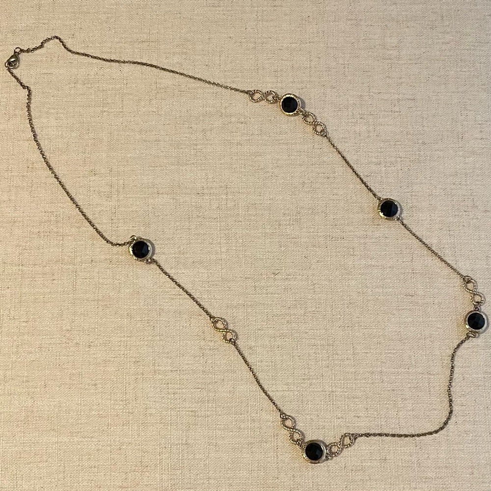 Vintage Black Bead and Gold Metal Long Chain Necklace with Infinity Links